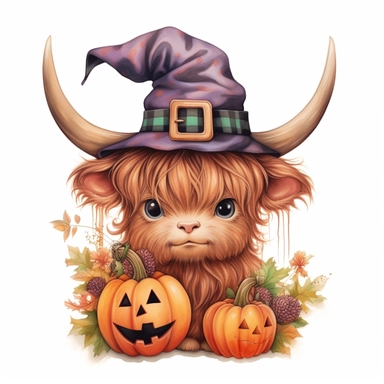 Cute baby Highland Cow in a witch's cap, pumpkins with scary face, hand painting , style by Lucy Fleming, watercolor, smooth gradients, black contour outline, ultra detailed, clipart elements, delicate pastel colors, solid white background, super clear, high quality