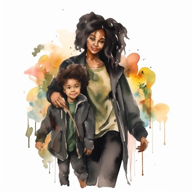 Black Mom and Me Watercolor, Clipart, High Res, Mother's Day, Mother's Love, waterpaint, fresh colors, happy, white backgroundm, simplified Art Nouveau, walking, enchanted forest, front to camera, version 4 style, high detailed, sharp
