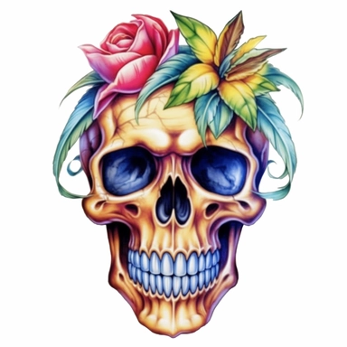 watercolor skull with a pineapple and flower tattoo, in the style of digital art, animated gifs, manapunk, clowncore, realistic watercolors, colorful cartoon, eye-catching Clipart desert cartoon t-shirt graphic, vector,contour, isolated on a white background