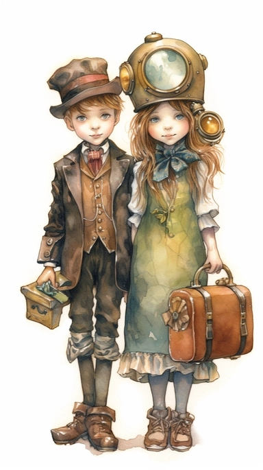 watercolor steampunk girl entire body and steampunk boy entire body with a steampunk suitcase by her side and holding a cute steampunk doll in her arms, illustration clipart by holly hobbie and mary engelbreit
