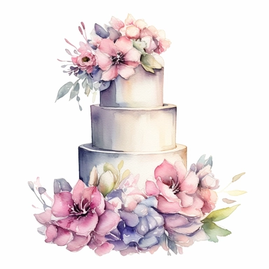 full perspective, watercolor three tier wedding cake clipart, add flowers and glitter, on a white background