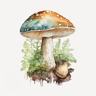 woodland mushroom, archive illustration, cute, watercolor, white background, clipart