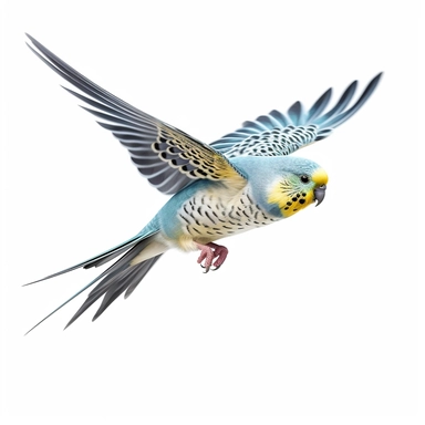 realistic detailed flying budgie, clipart, white background, no caption, no text