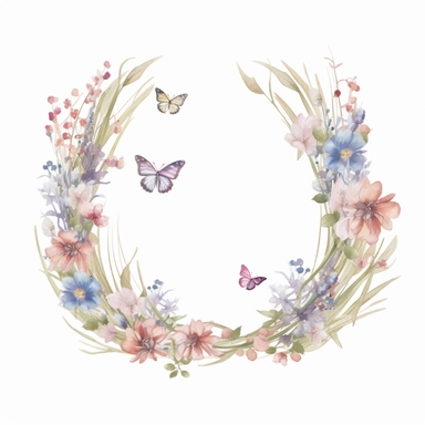 Field Floral Wreath Watercolor - Wildflowers frame butterfly - Delicate ethereal soft frame for Wedding invite Logo - Digital clipart PNG