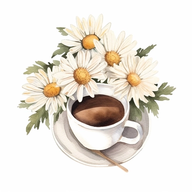 basic watercolor daisies in a cup of coffee top view in minimal hand drawn style, Etsy, textured, clipart, white background