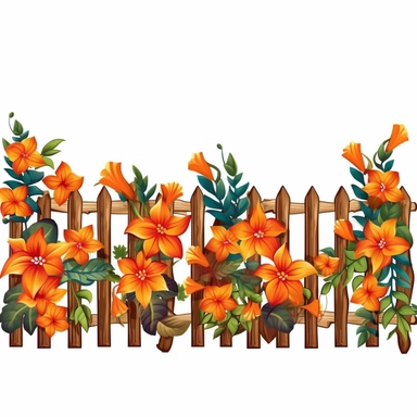 colorful wooden fence with orange flower vine clipart, high detail, illustration style, high solution, on the white background