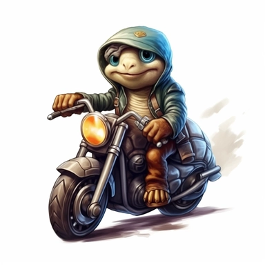 Create a clipart of a cute turtle in a leather jacket riding a vintage motorcycle. Strong and vibrant colors. Jungle trees before a White Background, soft lighting.