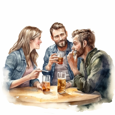 friends in a bar drinking beer Watercolor illustration clipart, photorealistic high details, white background
