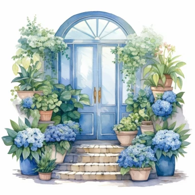 composition in a circle, watercolor clipart, porch and door, on the porch and around the porch are plants in pots, hydrangea , potted plants on the porch, beautiful porch with flowers in pots, along the house, on the porch blooming plants in tubs