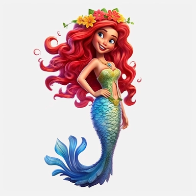 A beautiful smiling mermaid, highly detailed, long hair, beautiful flowers and coral, highly detailed tail, full body image, pixar style, clipart
