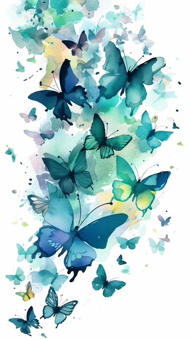 Many butterfly elves, in the middle one of the largest butterfly is light blue, the main color blue-green, watercolor style, dreamlike, bright,Wu Guanzhong style, watercolor clipart,no person