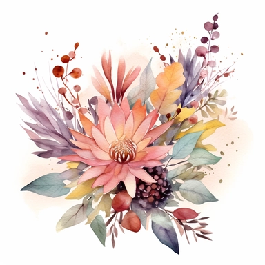 Watercolour, pastel, autumn, boho, bokeh, floral bunch, leaf, bloomcore, clipart