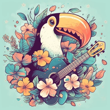 a smiling toucan with a ukulele and a flower crown, depicted in a whimsical, surrounded by colorful flowers and butterflies. The mood of the artwork is cheerful and playful, with a soft pastel color palette. The lighting style is bright and sunny, evoking a warm and inviting feeling. clipart design graphic, vector, contour, super cute, isolated white background, high quality, 2d, flat