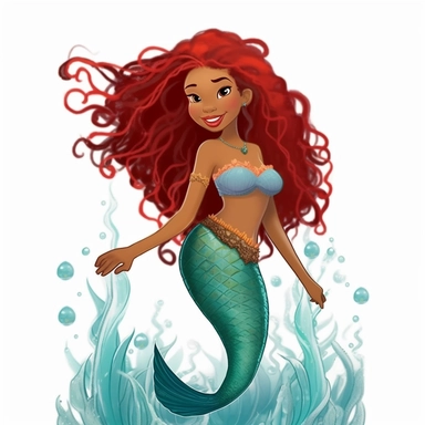 a black little mermaid, disney's ariel, redmafro hair, detailed clipart, full body, detailed fin
