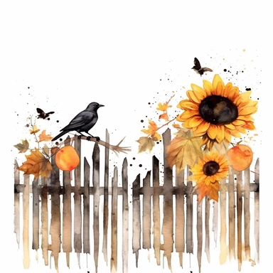 one Autumn Fences sunflower on a white background, blackbirds, and fences clipart set, in the style of light white and dark beige, post-conceptual, dreamy watercolor scenes, traditional street scenes, bentwood, uhd image, halloween, no watermark, text, 300 DPI , typography, shapes do not stick together, no text in the picture, on a white background