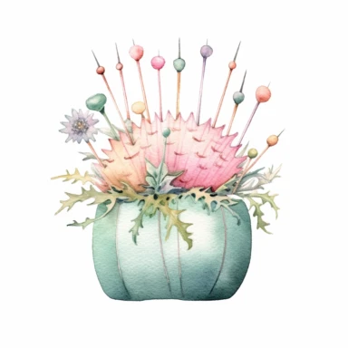 watercolor vintage pincushion with needles for sewing, pastel colors pink and mint, high quality, clipart, white background