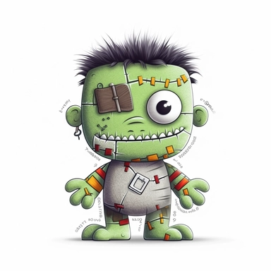 Cute Frankenstein's monster with bolts and stitches, white background, cartoon clipart