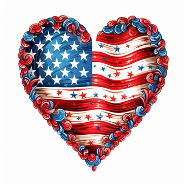 american patriotic flag love heart clipart illustration, centred, vibrant colors, red, white and blue, add the flag, on a white background, no watermark, no logo, no writing