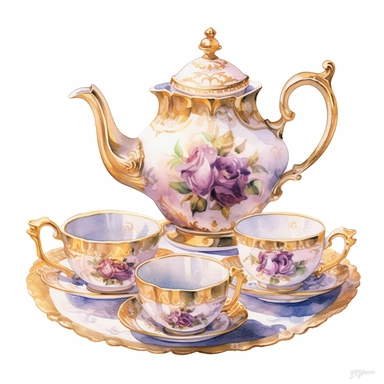 An elegant Victorian tea set featuring a dainty teapot, delicate teacups, and a matching sugar bowl and creamer. The intricate floral patterns and gold accents add a touch of opulence to your tea party. Clipart, watercolor, white background.
