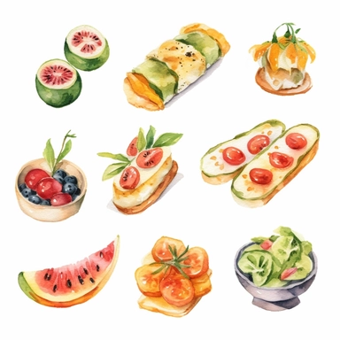 watercolour illustration style of different cute vintage garden party finger foods inside isolated on white background for clipart, 8k White background