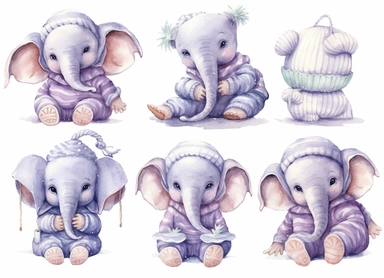 watercolor cute little baby elephant wearing pajamas and a hat, in the style of light silver and light purple, victorian-inspired illustrations, nature-inspired pieces, 5 sets of clipart playful compositions, plush doll art, high resolution, isolated on a white background