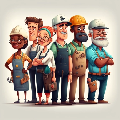 clipart of 6 skilled tradespeople of different ethnicities standing next to eachother, happy, corporate, builder, electrician, plumber, painter,