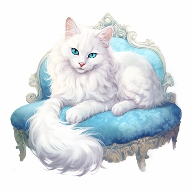 make a clipart of beautiful fairytale fluffy white victorian cat laying on a bright pastel blue pillow, white background