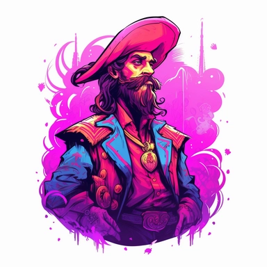 synthwave-styled concerned Pirate, watercolor , in the style of dan mumford, light magenta, tropical symbolism, cute and colorful, transparent layers, rounded, vibrant and colorful, clipart, white background, high detail, individual elements
