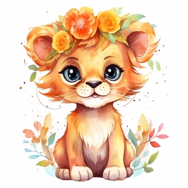 cute kind baby girl lion cub plays, full figure, flowers , cartoon style, watercolor, bright shining eyes, kawaii, clipart, White Background, detailed 8K