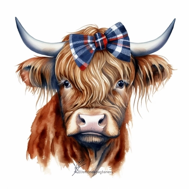 Patriotic Long Haired Calf PNG withred, white & blue hairband with bow , Highland cow face clipart, Western, farm cow clipart, Fall sublimation, red, white & blue headband, white background, very detailled, very realistic