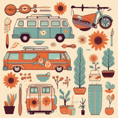 Craft a whimsical collection of vanlife-inspired clipart illustrations, inviting viewers into the world of adventure and simplicity on the open road. Design clipart images of charming vintage campervans, adorned with colorful patterns and plants, symbolizing a bohemian and carefree lifestyle. Create clipart elements of outdoor activities like surfing, hiking, stargazing, and cooking by the campfire, reflecting the joy of connecting with nature. Include clipart illustrations of travel essentials 