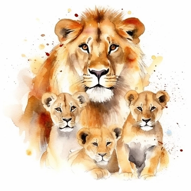 family, baby, lion and lioness,Watercolor Clipart high quality, white background , lion and lioness, cute, love