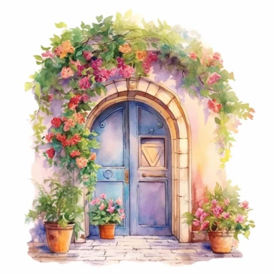 a watercolor realistic arch door and you can see colorful flowers surrounding the door clipart
