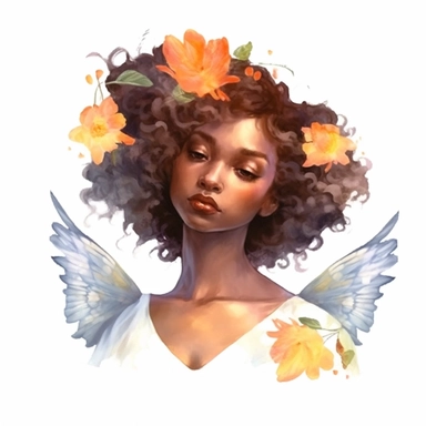 Floral Watercolor Black woman Angel Cliparts skin tone amber color, curly hair, Wing rainbow colors dfloral design, high resolution, white background