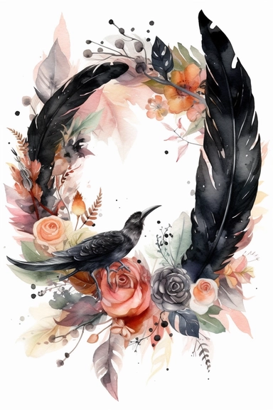 Halloween clipart, black feather Delicate watercolor illustration, White background, Cozy, clear picture, 8k, hd, isolatee on a white background, Wreath, Frame Clip Art
