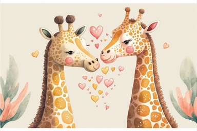 giraffe couple love valentine, Kawaii style, watercolor clipart, flat colors, ultrahigh details, high quality, almost vector style, white background, 8k,