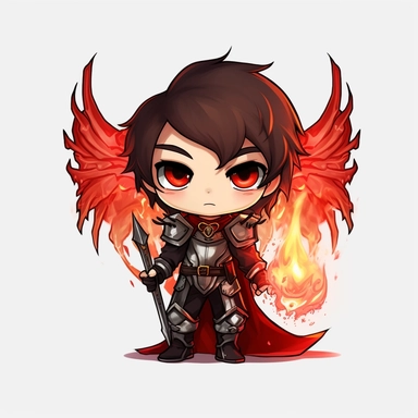 zeeb labs art style boy, angel knight, tiny chibi body with red fire armor, crown, wings, sword, smerk, super long cape, clipart, sticker, no background, hd