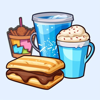 Sticker logo, showcasing camping meals like s'mores, hot dogs, marshmallows, or a coffee cup, on transparent background free clipart, in the style of digital painting and drawing, 2d game art, scoutcore, anime-influenced, cabincore, high resolution, light sky-blue and dark maroon