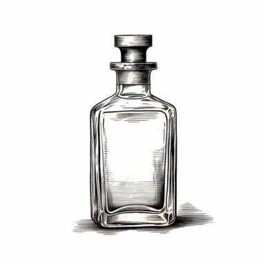liquor bottle, old school vintage illustration style, pen and ink, hand drawn, clipart, isolated on white background