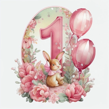 a beautiful watercolour 3d pink number 1 draped in beautiful flowers, a classic cute Beatrix potter pink rabbit, birthday party, holding pretty pink balloons, birthday cake, birthday themed, transparent background, Clipart style, solid white background, png style