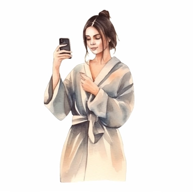 a feminine minimal watercolor sticker of a woman taking a selfie in a bathrobe. Watercolor. Clipart. Neutral color palette. White background. Artistic illustration. Minimal. Hand-drawn.