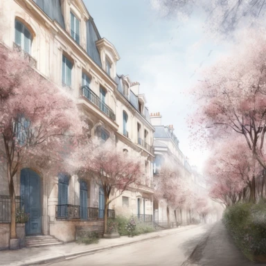 Watercolour parisian row of houses, featuring blooming cherry blossom trees, shabby chic, Paris city streets, pastel colors, beautiful details, ultra detailed, ultraphoto real intricate detailed, high definition, graphic clipart, hyper realistic,detailed, blue sky in background