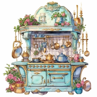 Make a clipart of a fairytale watercolor french country kitchen, rococo, with bright pastel colors of turquoise and green, pink roses, gold accents, black outlines, hd, white background