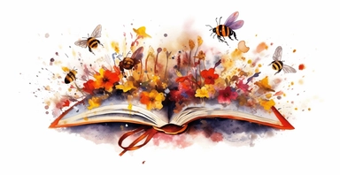 Adorable open watercolour book, stunning bumble bees flying out, vivid colours, watercolor clipart, white background, I can’t believe how beautiful this is