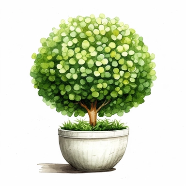 watercolor, hyper realistic, white background, white margins, 16k, ultra detailed clipart, cut out image, hand-drawn a topiary planter in the shape of a ball, with perfectly rounded and symmetrical green foliage. in the style of furaffinity, witty vignettes, charming vignettes, beatrix potte