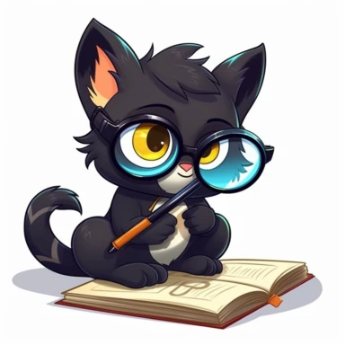 a nerdy black cat using a magnifying glass looking at a notebook, clipart, only white background, 2d, flat