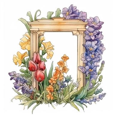 Design a hand-drawn watercolor clip art image of a family gift niche adorned with birth flowers representing each family member. Customize the image by selecting the birth flowers for a family of five: a January baby (Carnation), a March baby (Daffodil), a July baby (Larkspur), an October baby (Marigold), and a December baby (Holly). Ensure that the colors are vibrant and the composition radiates love and warmth.