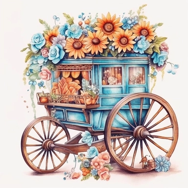 free watercolor and flower cart clipart, free png files, in the style of claudia tremblay, candycore, light azure and bronze, uhd image, caffenol developing, kris kuksi, toyen
