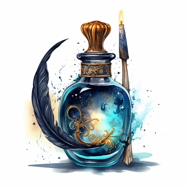 creepy glass ink bottle and quill pen with crescent moon and stars clipart, fantasy, detailed, white background, illustration painting, digital art, 8k, hd, watercolor