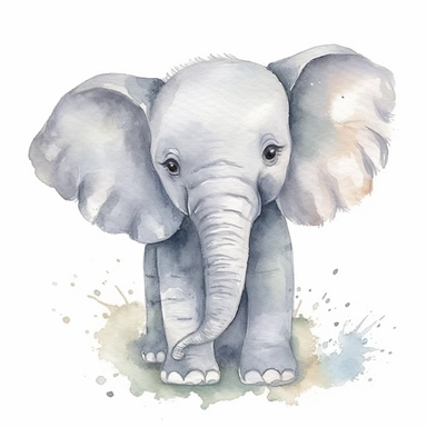 A delightful and charming watercolor clipart of an adorable baby elephant, designed for commercial use. This heartwarming composition captures the innocent charm of the African Safari Zoo animal, set against a crisp white background that accentuates its delicate watercolor textures and playful features. The baby elephant, with its gentle eyes and playful trunk, is skillfully painted in a soothing palette of grays and pastels, encapsulating the essence of nursery-themed art. The clipart emphasize